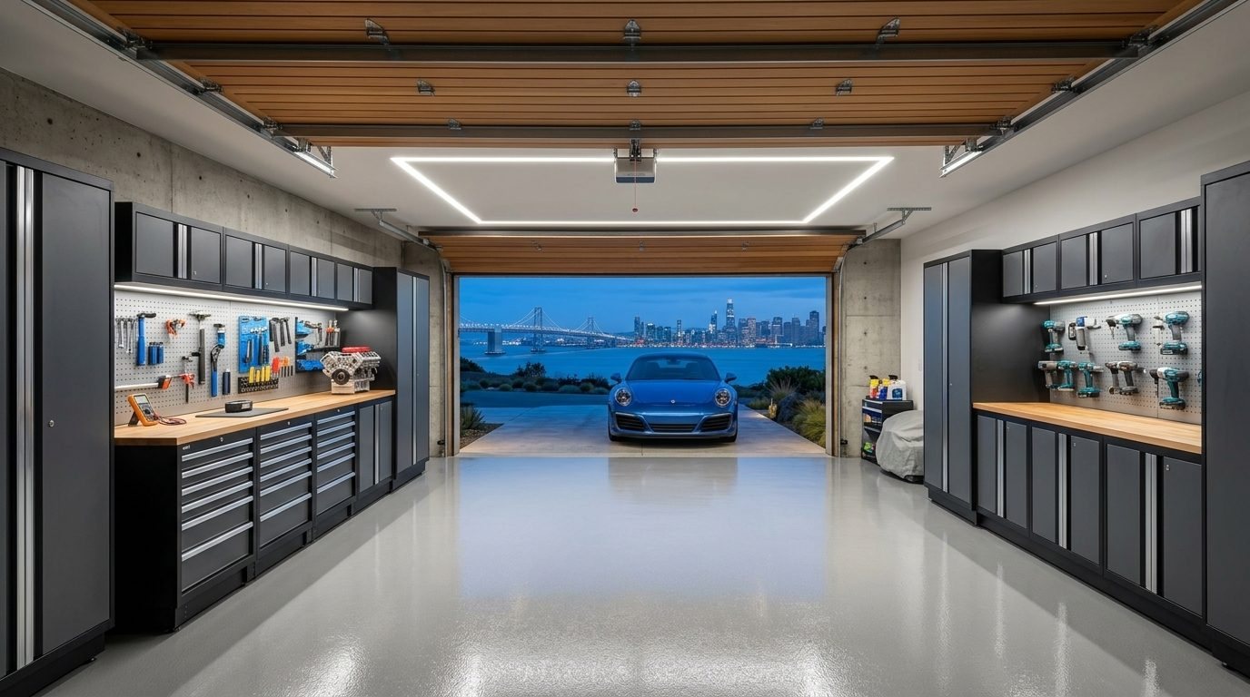 Noah Expert Garage Door Interior View of Custom Garage Door Overhead and Workshop